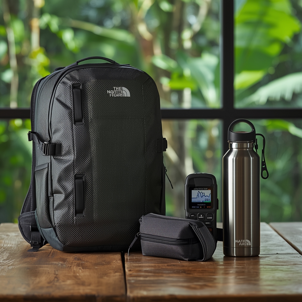 A high-tech adventure gear set including a carbon-fiber backpack, a holographic GPS device, and a titanium water bottle, all arranged on a rustic wooden table. In the background, a large window reveals a lush tropical rainforest. Sharp focus, natural lighting, premium feel, no women.
